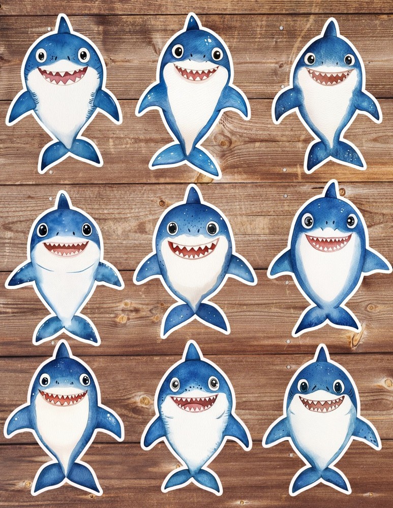 Happy Shark Die Cut Vinyl Stickers Set Scrapbooking Laptop Waterbottle