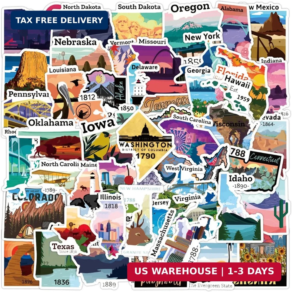 50PCS State Stickers, Travel USA Stickers for Luggage,Scrapbook,Water Bottle, Un