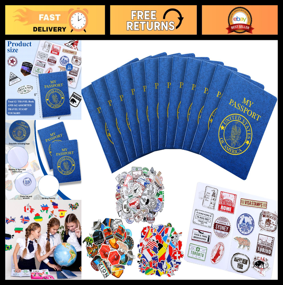 174 Pcs Kids Blank Passport Books & Travel Journal Stickers – Party Favors, Blue