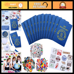 174 Pcs Kids Blank Passport Books & Travel Journal Stickers – Party Favors, Blue