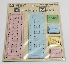 Pressed Petals Monday’s Metal Scrap Metal Word Strip/Square 6pcs. #63102 – New