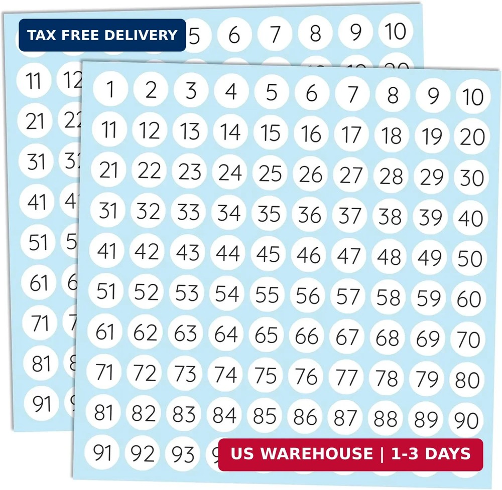 25 Sheets, 1 to 100, Number Stickers Labels – 0.4″ Round, Pack of 2500