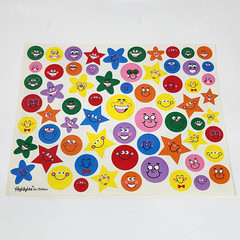 1 VINTAGE SHEET OF HIGHLIGHTS COLORFUL FUNNY FACES SMILE FACE + STARS STICKERS