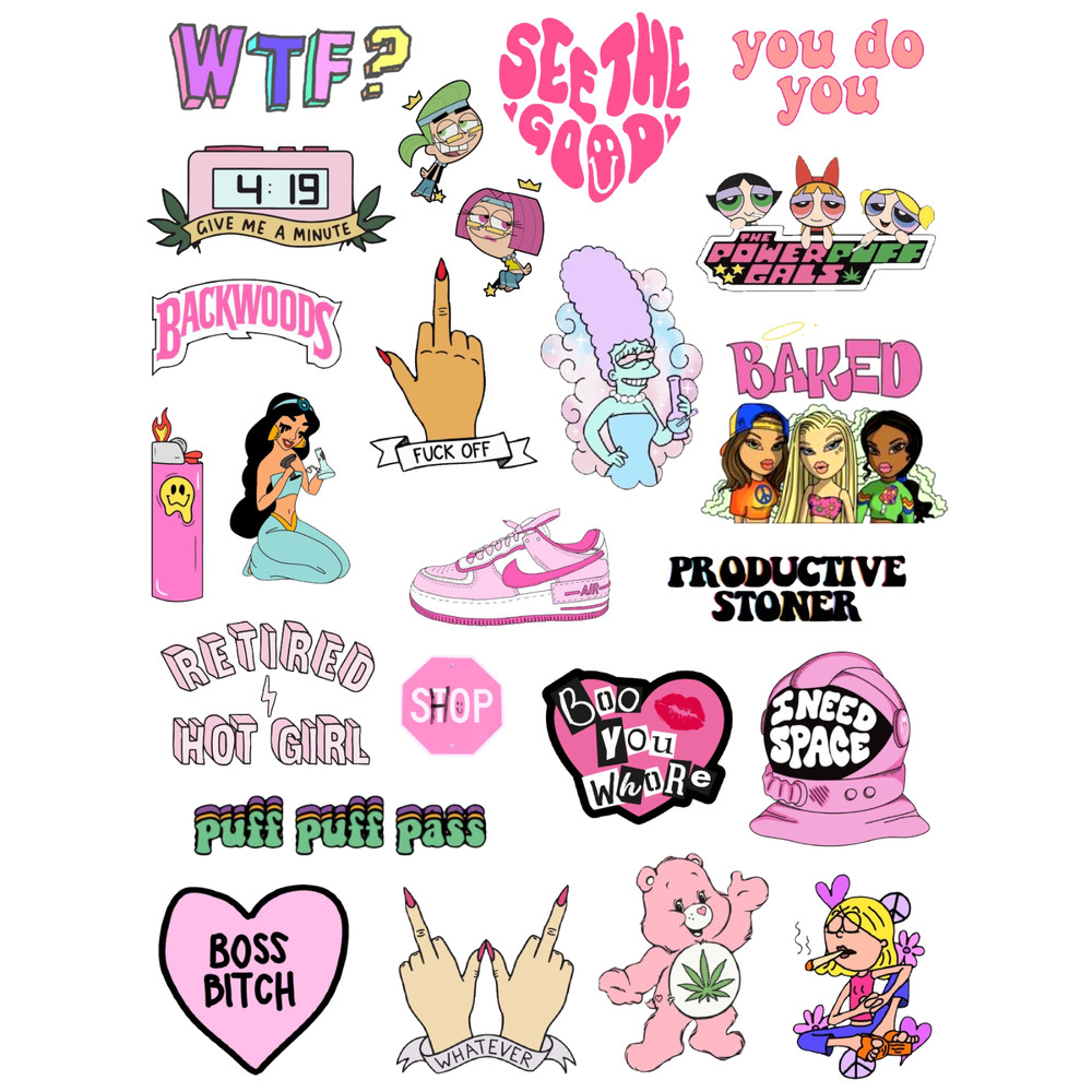 Stoner Girl 420 Boss Babe Pretty Pink Baked Princess Weed Smoker Stickers Glossy