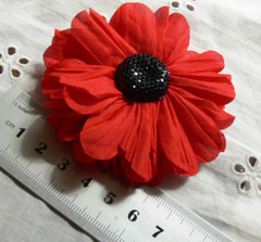 JESSICA Ruffled Organza RED Flower – Black Centre 70mm Single MH AB NJC