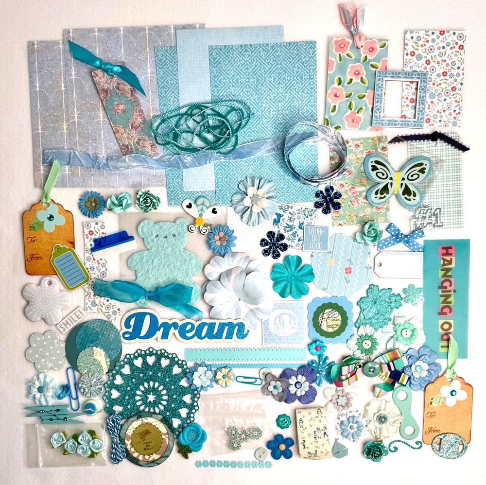 Teal Blue LG lot scrapbook planner journal junk collage ephemera Prima Flowers