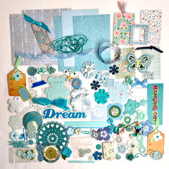 Teal Blue LG lot scrapbook planner journal junk collage ephemera Prima Flowers