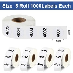5000 PCS White Round Sequential Number Labels 1″ – 5 Rolls 0001-5000 for Invento