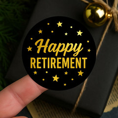 Happy Retirement Gold Foil Stickers – 100 Pcs 1.6 Inch Round, Black & Gold Star