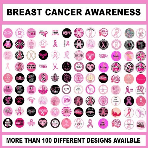 100 Precut BREAST CANCER AWARENESS Support 1 inch BOTTLE CAP CHARM TRAY IMAGES