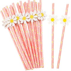 100 Pcs Daisy Flower Straws Bulk Cute Flower Party Favors Disposable Pink Flo…