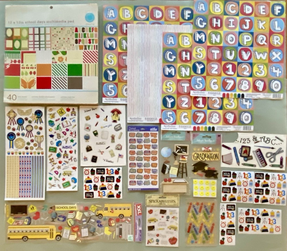 Lot of School Scrapbook Paper & Stickers! 30+ Pgs, Jolee’s Boutique, Sticko, Etc