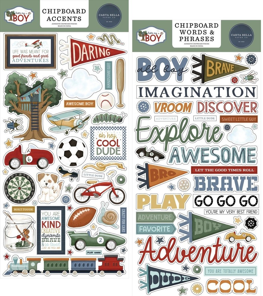 Carta Bella THAT’s MY BOY (2) 6″x13″ Chipboard COMBO Accents + Words Phrases