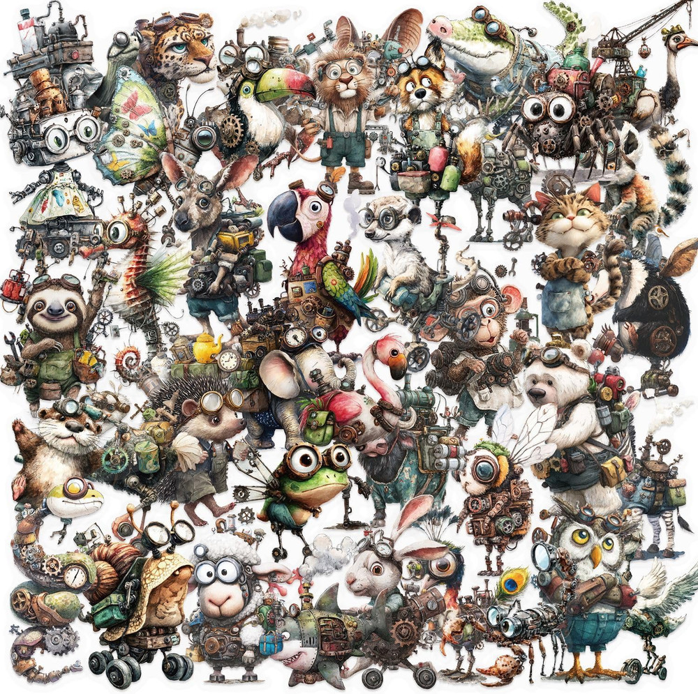 50PCS Steampunk Animal Stickers – Vintage Victorian Mechanical Creatures Waterpr