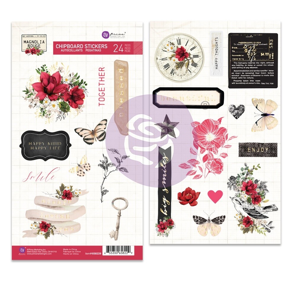 Magnolia Rouge Chipboard Stickers 24/Pkg-Shapes W/Foil Detail