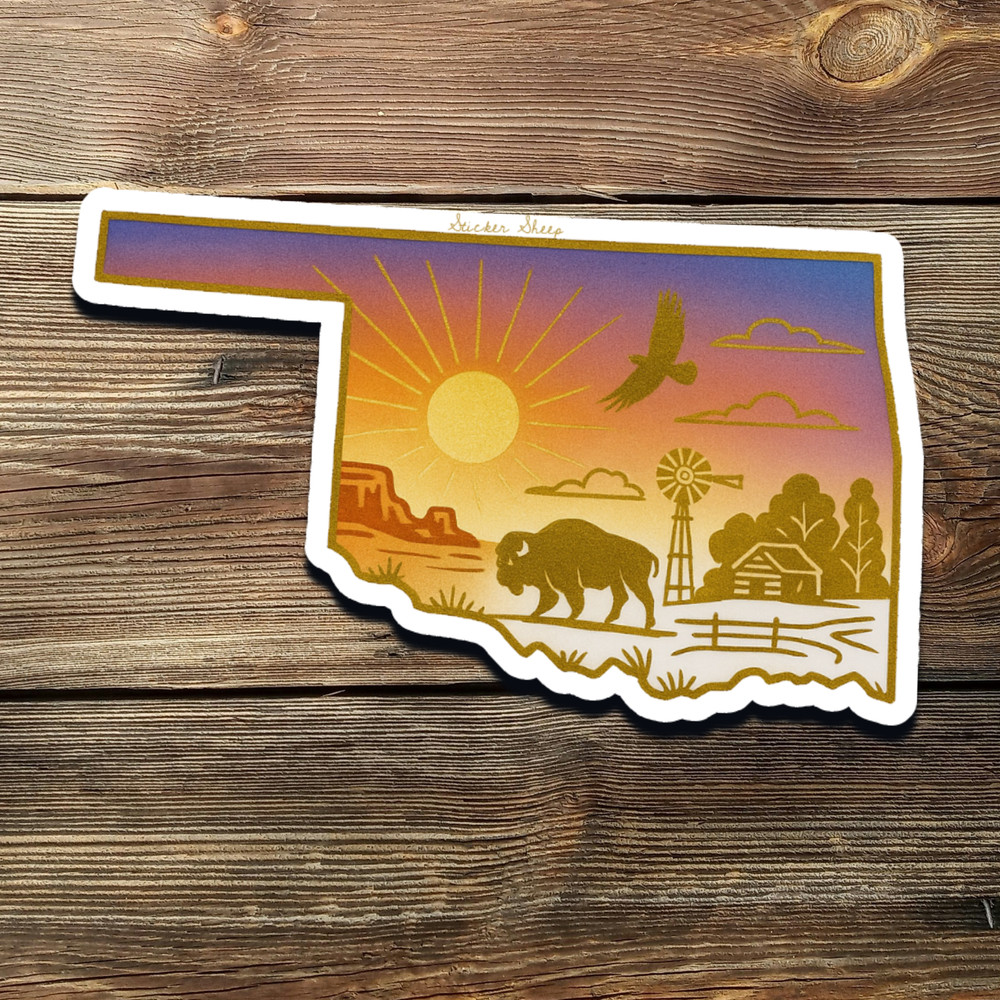 Oklahoma Sticker – Gold Foil State Art with Bison, Sunset, Cabin & Windmill