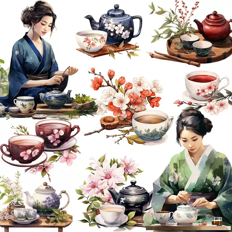 Japanese Woman Sakura Floral Teapots Tea Cups Scrapbooking Stickers Craft
