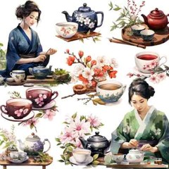 Japanese Woman Sakura Floral Teapots Tea Cups Scrapbooking Stickers Craft