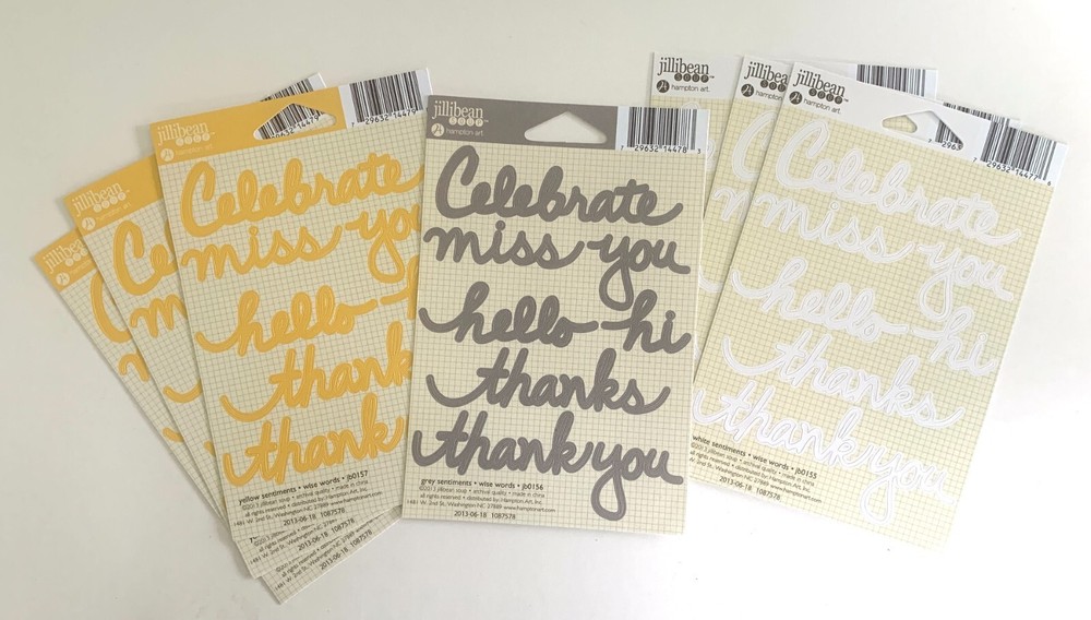 Lot of 7 Sheets Jillibean Soup Sentiment Stickers Gray Yellow White HELLO THANKS