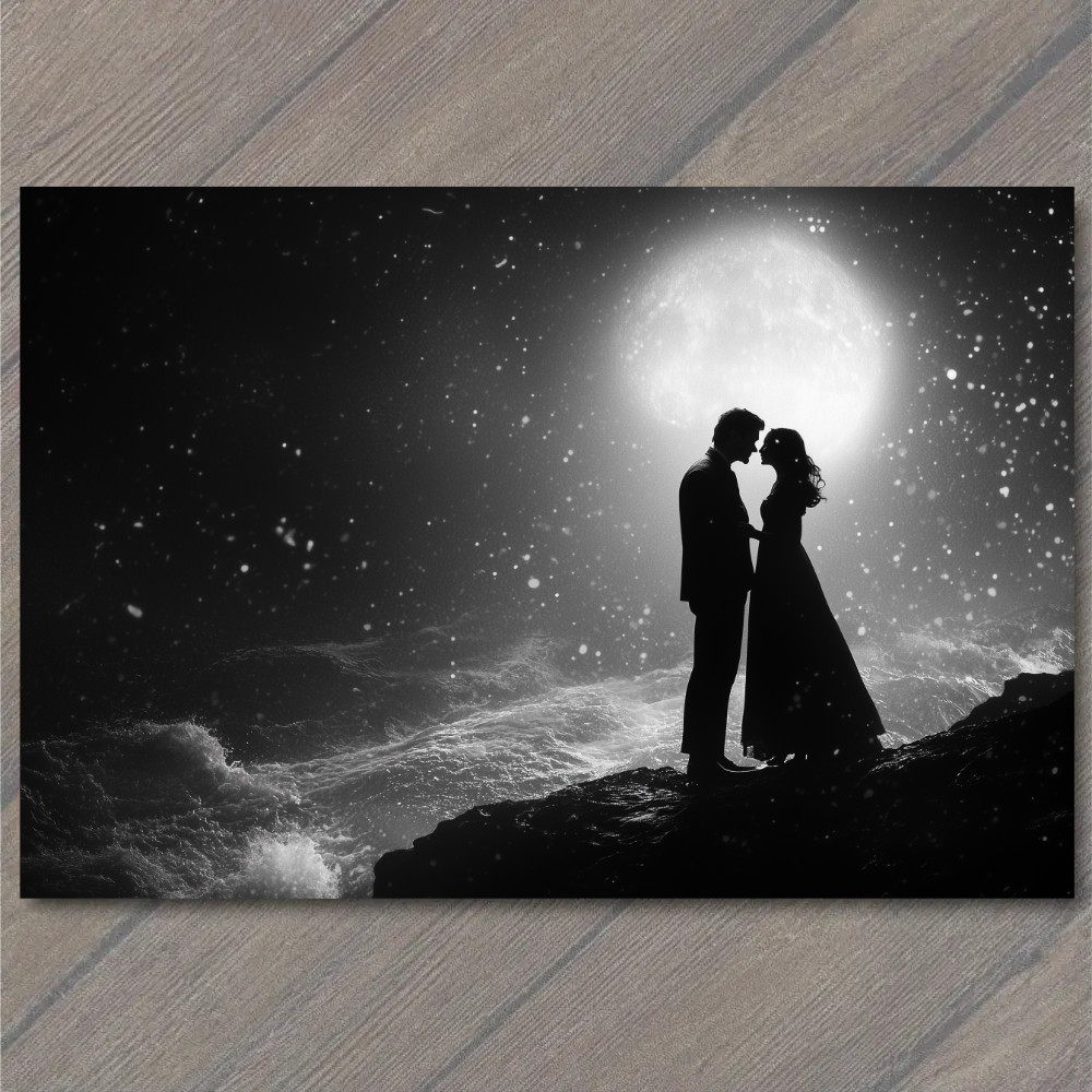 STICKER Silhouetted Couple Ocean Moonlight Romance Black White Night Scene