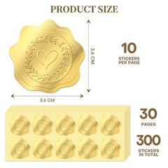 300 Pcs Embossed Gold Foil Stickers with Heart and Garland Pattern for Sealing