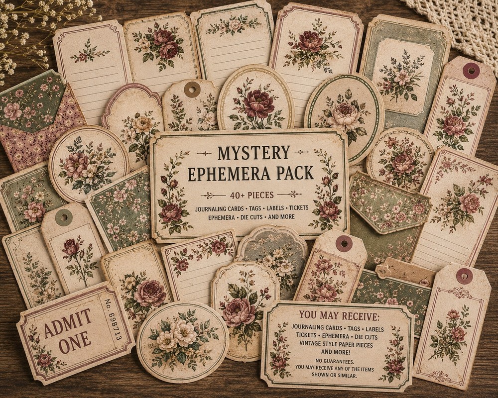 Vintage Botanical Mystery Ephemera Pack | 40+ Coordinating Handmade Paper Pieces