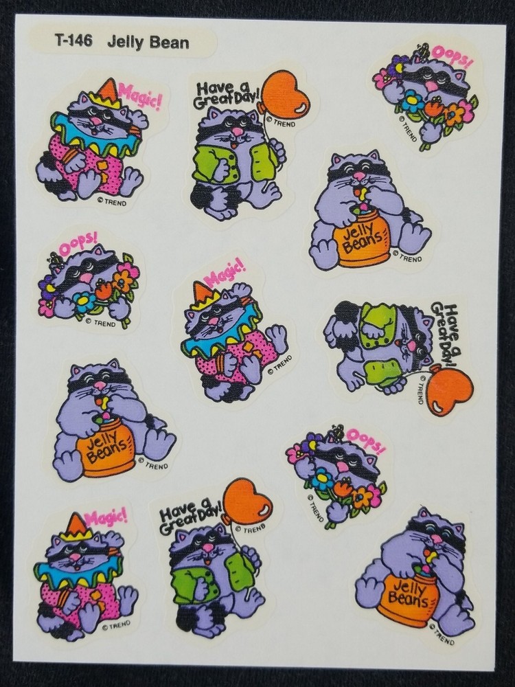 Vintage TREND Stinky Stickers full sheet scratch sniff T-146 JELLY BEAN raccoon