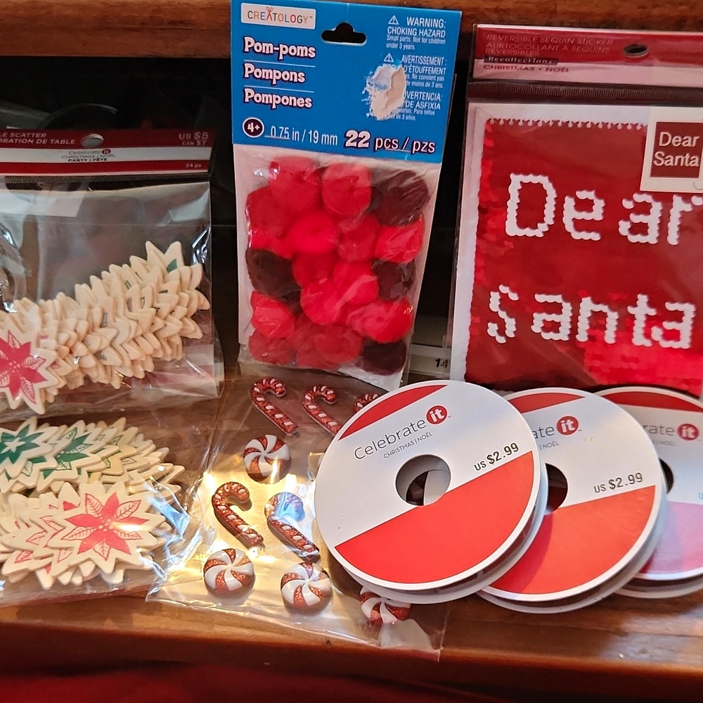 Mixed Brands Christmas Craft Lot: Pom-Poms, Sequin Sticker, Hooks