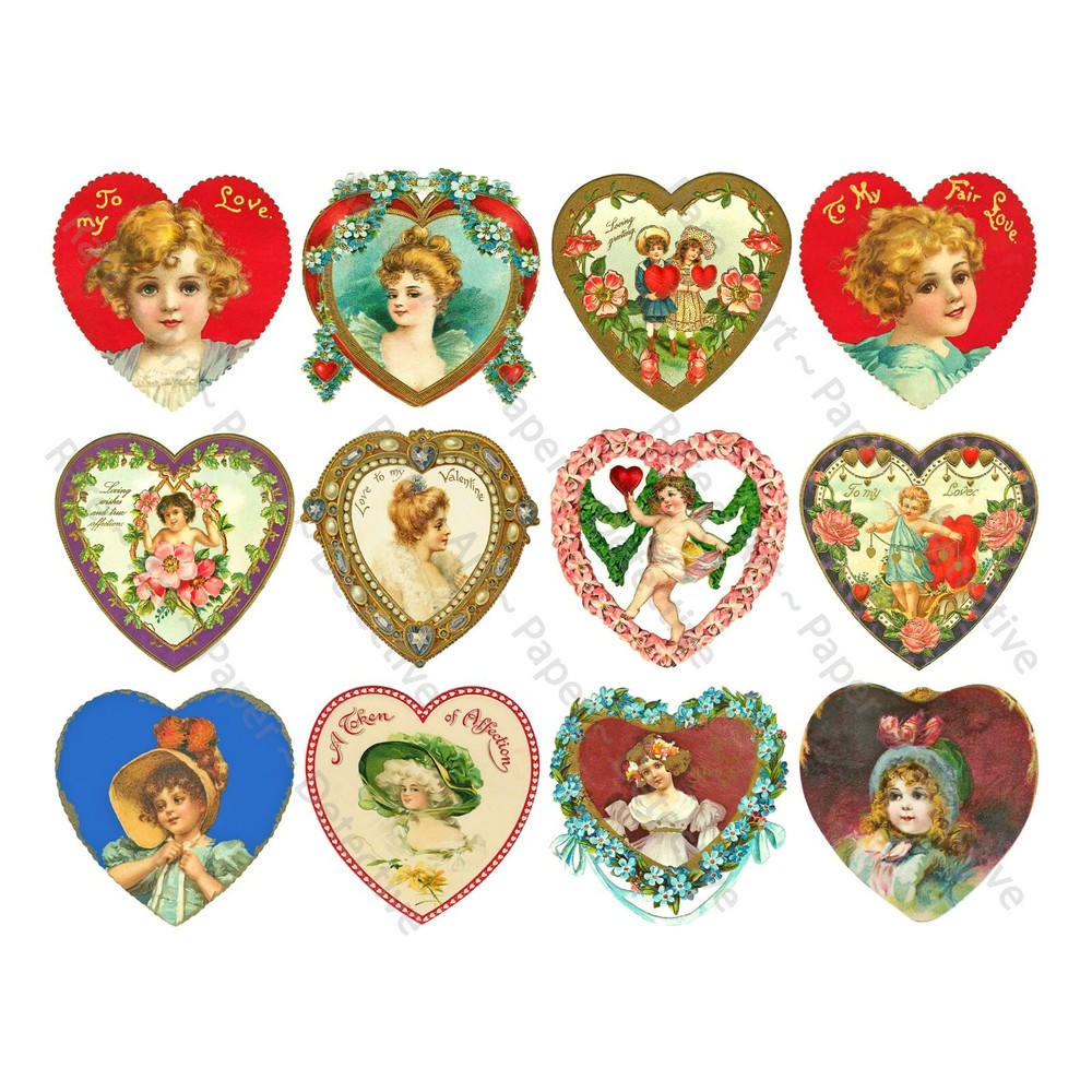 Valentine’s Day Hearts, Romantic Victorian Clip Art, CUT & PEEL STICKER SHEET