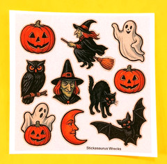 Vintage Style Mixed Halloween Sticker Sheet Witch Moon Black Cat Bat Owl Ghosts