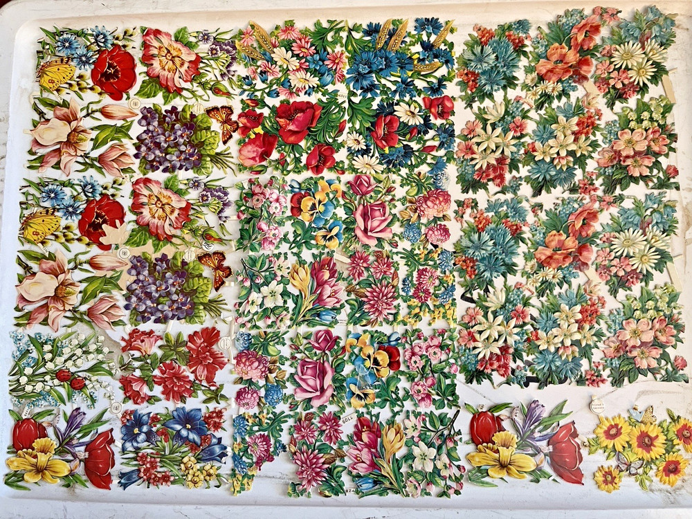 VTG VICTORIAN SCRAP PZB WILD FLOWERS MIXED FLORALS DIECUTS GERMANY