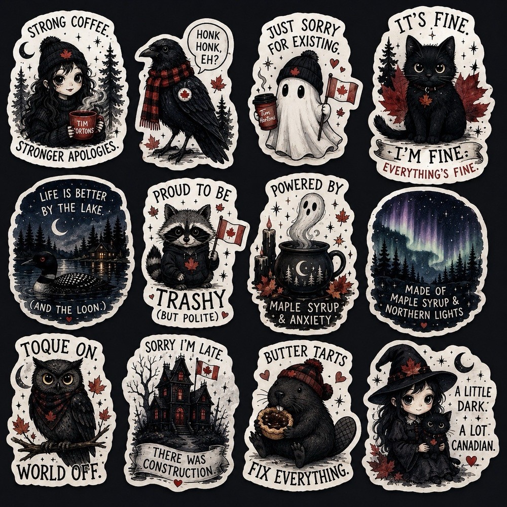 Canadian Goth Humour Sticker Pack 16 Assorted Cute Canada-Themed Vinyl Stickers