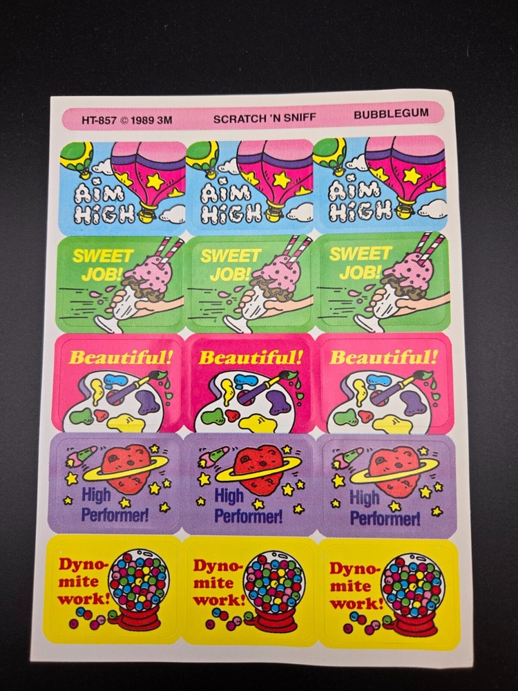 Vintage reward Stickers 3M Scratch n Sniff BUBBLEGUM 1989 (HT-857) Aim High