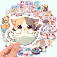 Kawaii Cat Stickers, 50 Cute Glossy Vinyl Stickers for Laptop, Gift, Bottles