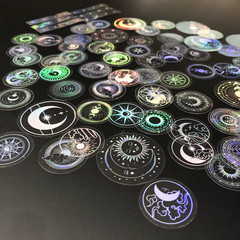 70 Pack Transparent Laser Holographic Stickers Round Moon Sun Star Decal Set