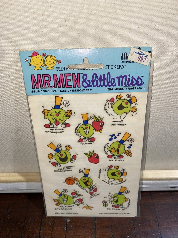 1976 SCRATCH N SNIFF MR. MEN AND LITTLE MISS STICKERS SEE THRU MARK 1 Mr. Funny