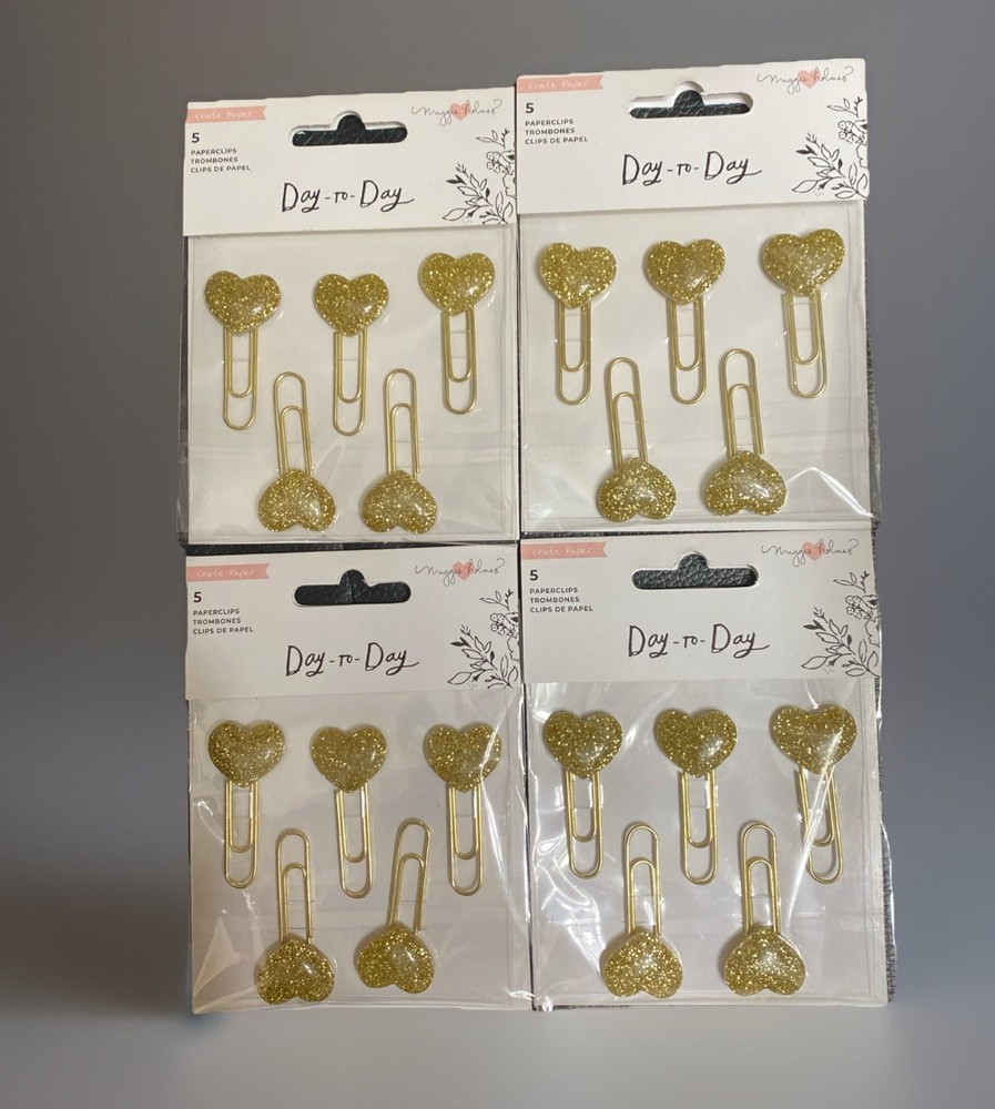 American Crafts (x4 pkgs) GOLD GLITTERY HEART Topped Paper Clips Qty 20 Clips