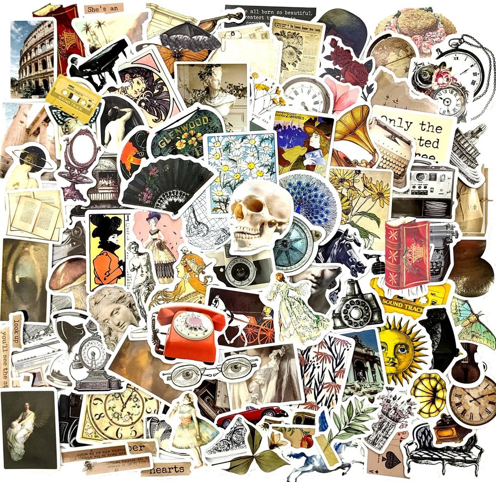 100 Pcs Aesthetic Vintage Vinyl Stickers – Scrapbook Journaling Laptop Water Bot