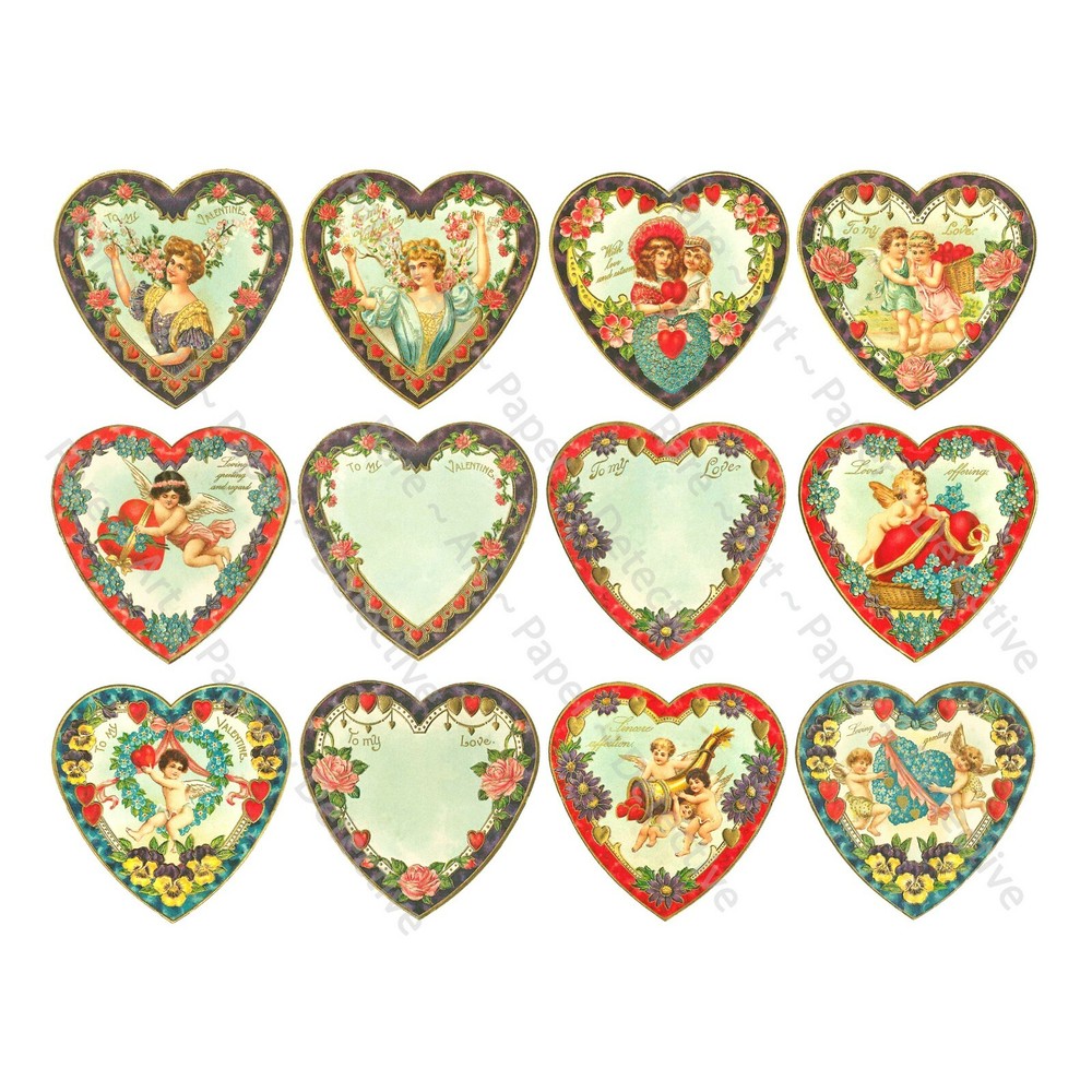 Valentine’s Day Hearts, Romantic Victorian Clip Art, CUT & PEEL STICKER SHEET