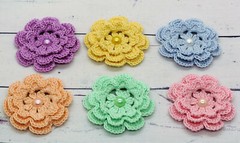 Crochet Flower Layered w/pearl Applique Cardmaking 6Pc Pastel Blue Pink Yellow