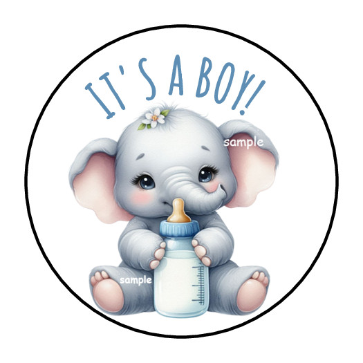 IT’S A BOY STICKERS ENVELOPE SEALS LABELS 1.5″ BABY ELEPHANT (30) BLUE SHOWER