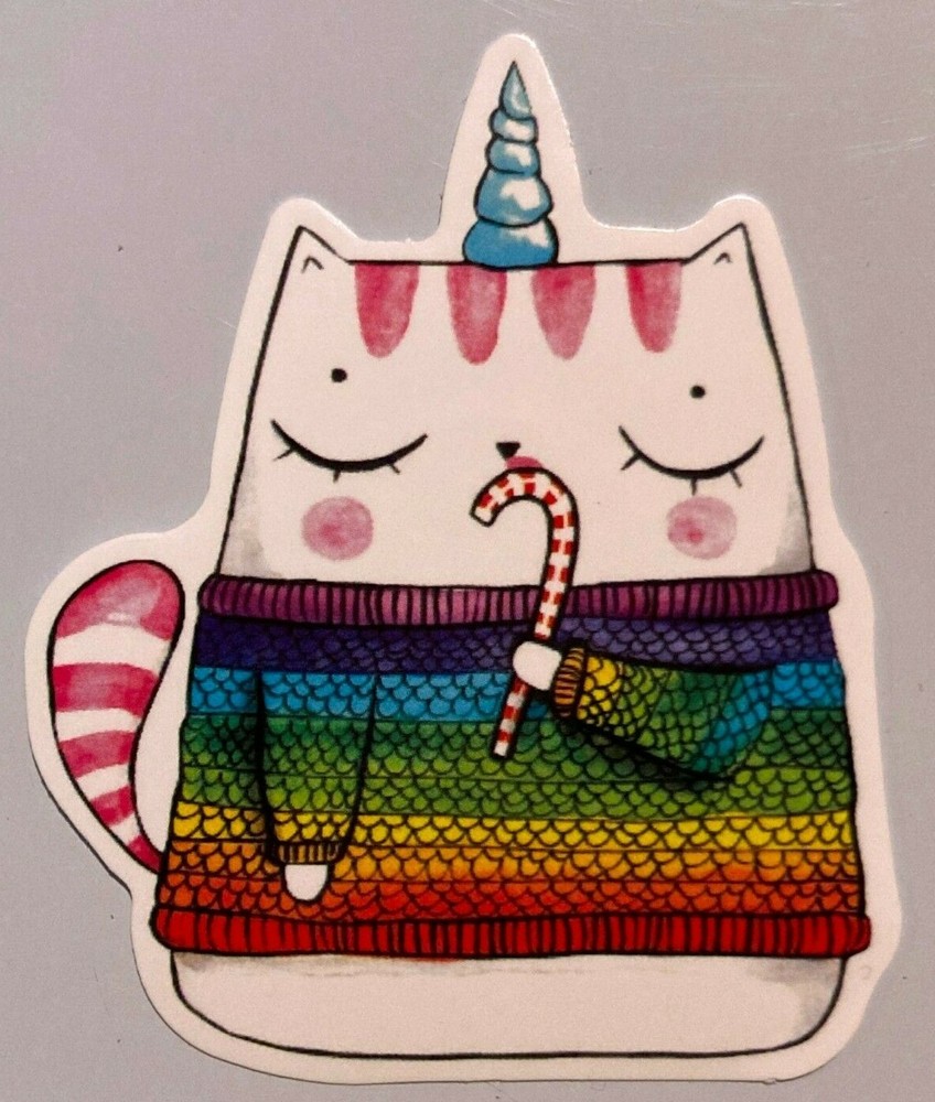 Unicorn Sticker w/ Candy Cane in Sweater Rainbow Colors Colorful ROYGBIV Small