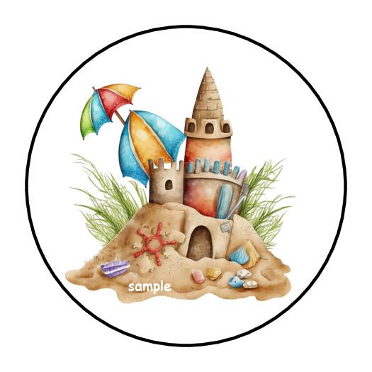 30 SAND CASTLE STICKERS ENVELOPE SEALS LABELS 1.5″ ROUND BEACH SUMMER