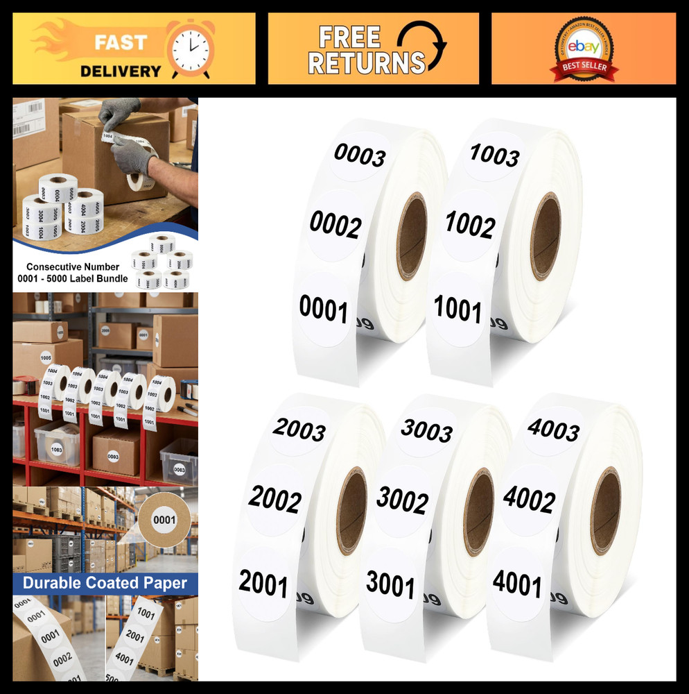 5000 PCS White Round Sequential Number Labels 1″ – 5 Rolls 0001-5000 for Invento