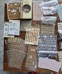 Scrapbooking letters numbers LOT 2 TABLES FULL! Metal Stickers Rub Ons SEE PIX