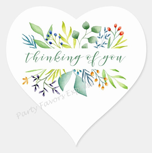 THINKING OF YOU ENVELOPE SEALS LABELS STICKERS PARTY FAVORS – (Heart Shaped)