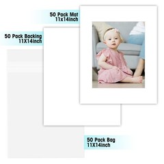 11×14 Picture Mats Acid Free Bevel Cut for 8×10 Photo – 50 Pack with Backing