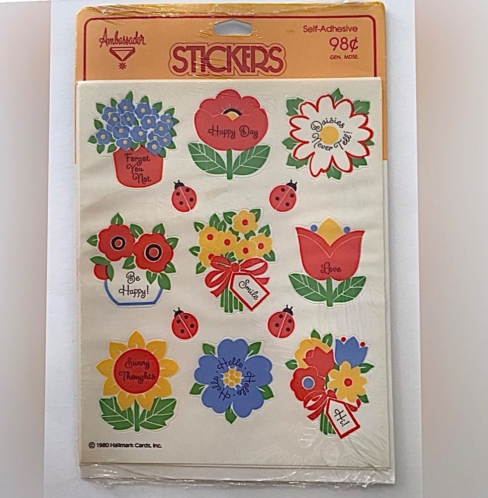 Vintage Ambassador Floral Hallmark Stickers Flower Ladybug Happy 4 Sheets Sealed