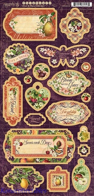 GRAPHIC 45 Fruit & Flora Chipboard 26 Pcs Bloom With Grace, Life Is Sweet, Tags