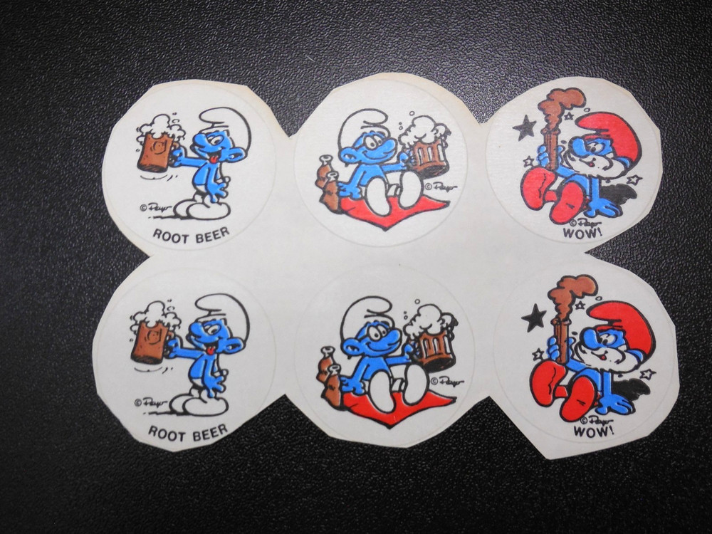 Vintage 80s Peyo Smurf Scratch & Sniff Matte Stickers 6 pcs *Root Beer* NOS READ